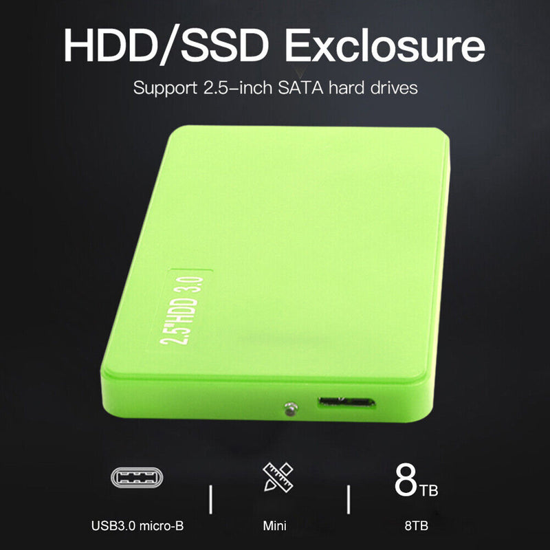2.5 HDD SSD Case SATA to USB 3.0 Hard Drive Enclosure Support 8TB (Green)