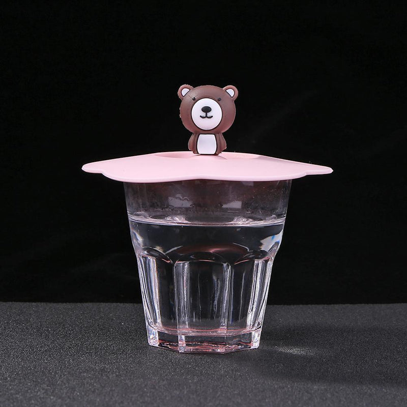 5pcs Silicone Cup Cover Heat-resistant Leak Proof Cartoon Lid (Pink Bear)
