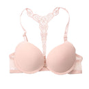 Women Embroidered Front Y Straps Push Up Deep V Bra (Incarnadine)(75B)