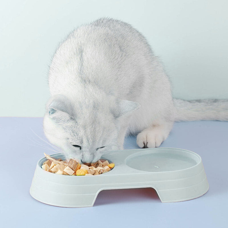 Plastic Feeding Double Bowl 2 in 1 Puppy Cat Food Water Container (Blue) Newly