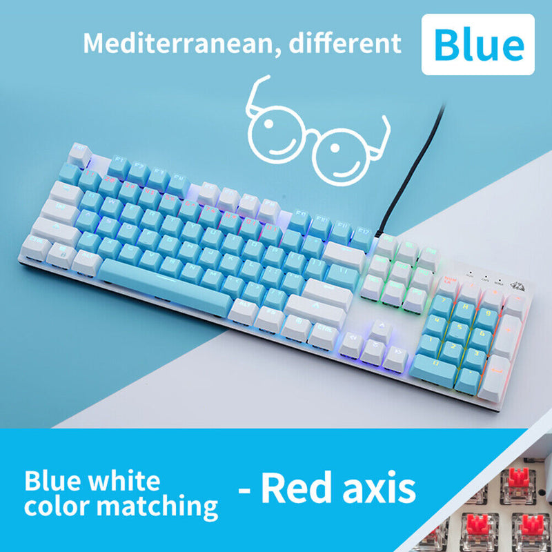 Mechanical 104 Keys Gaming Keyboards USB Wired (Red Axis Blue+White)
