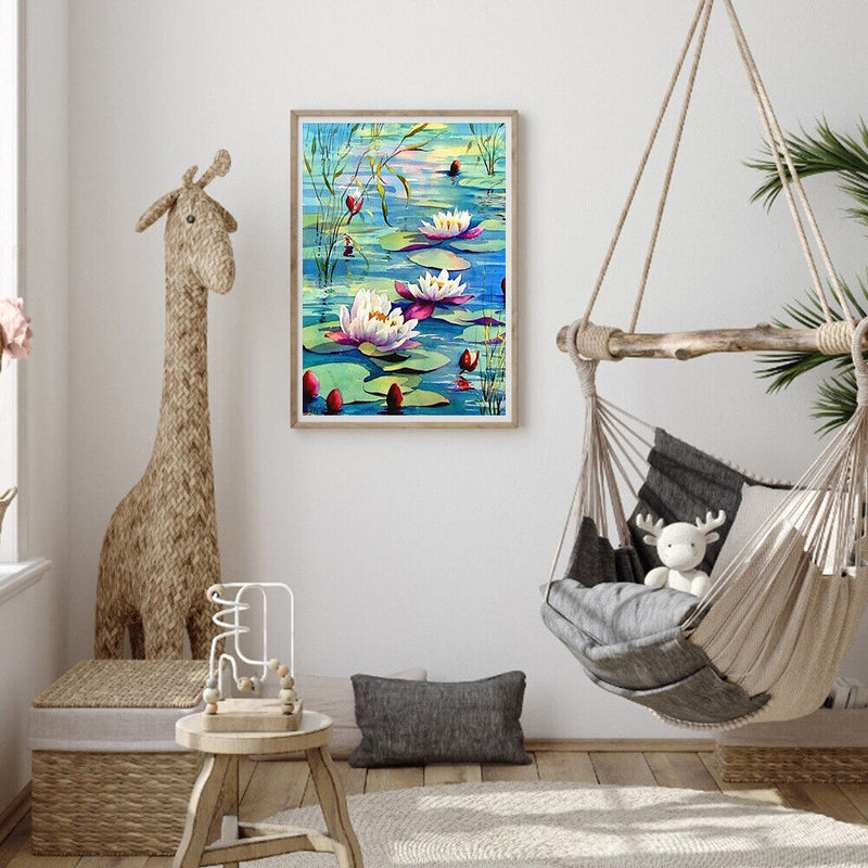 DIY Hand Painted Paint By Numbers Oil Canvas Pictures Lotus in Pond Kit Orn
