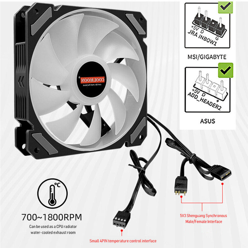 COOLMOON ARGB Cooling Fan Temperature Control 5V Computer Cooler RGB Case Fan