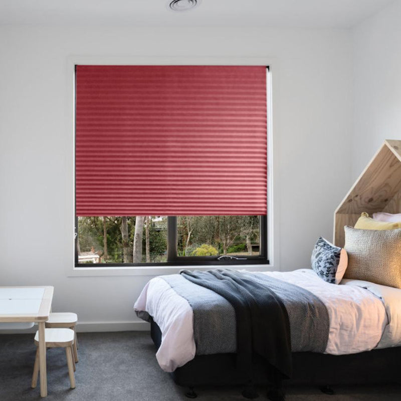Half Blackout Pleated Blinds Self-Adhesive Window Shades for Balcony Door Red