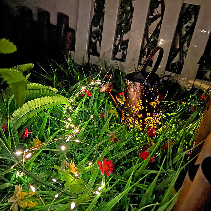 Solar Watering Can Lights Iron Hollow Art Lamp Outdoor Garden Decor (A)