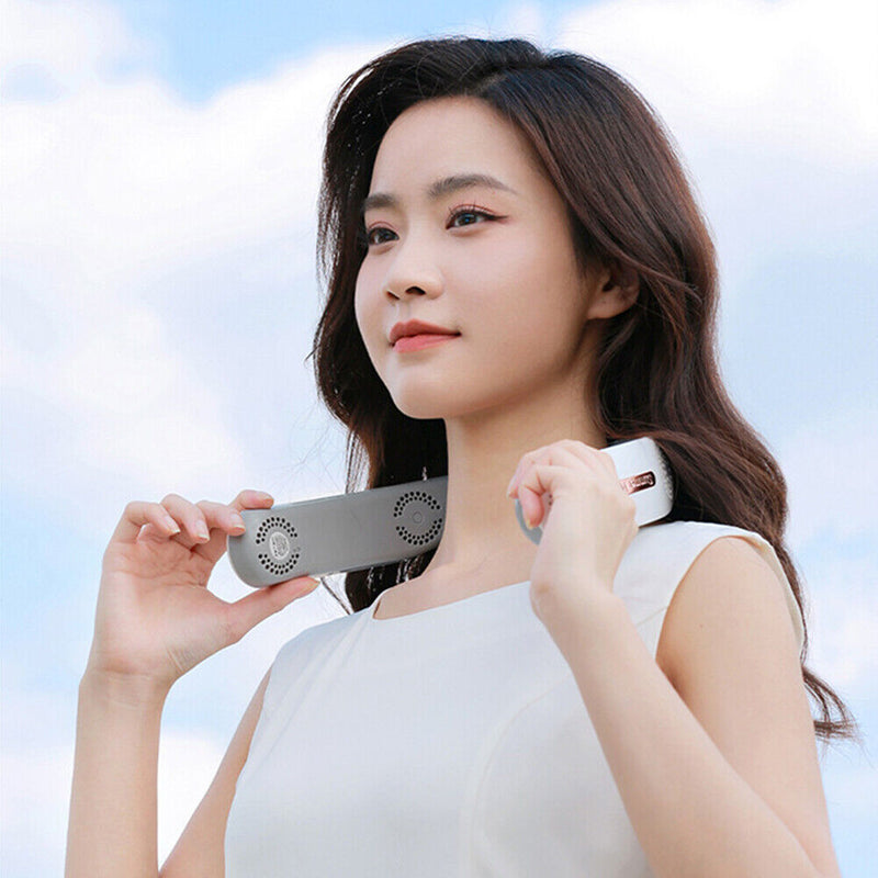 Air Cooling Hanging Neck Fan Sports Travel Leafless Personal Fans (White)