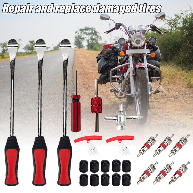 24pcs/set Car Bike Tire Spoons Levers Red Rim Protectors Caps Cores Tools Kit