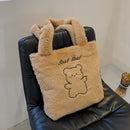 Cute Little Bear Print Large Handbag Women Autumn Winter Soft Plush Shopping Bag