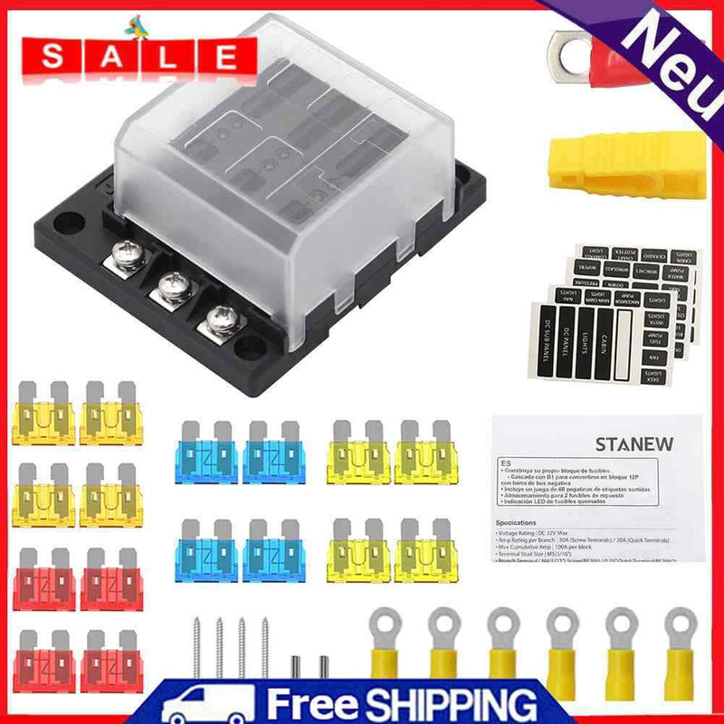 12-32V 6 Way Car Boat Fuse Holder Box with Plastic Cover Marine Blade Fuse Case