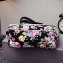 Lovely Flower Printed Female Bags Canvas Handbag Portable Lunch Bag(Black)