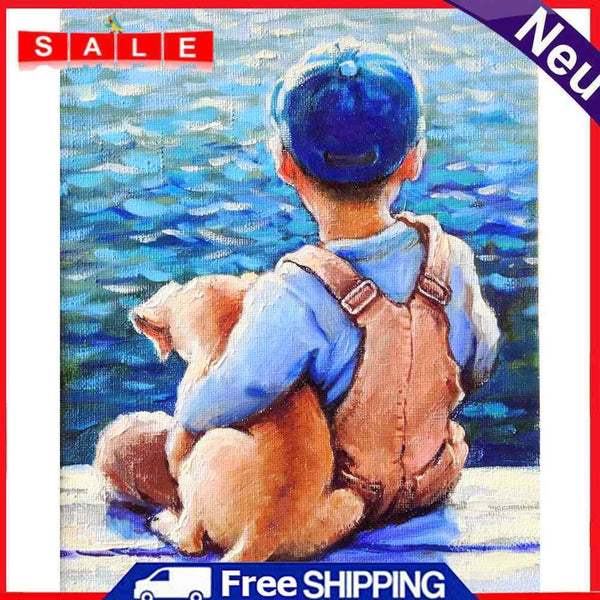 Holding Dog Boy Oil Paint By Numbers Kits Canvas Picture DIY Wall Art Craft Sets