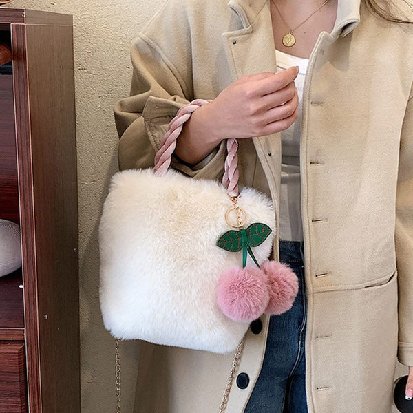 Women Soft Plush Cute Female Totes Handbags Cherry Bags Shopping Bags