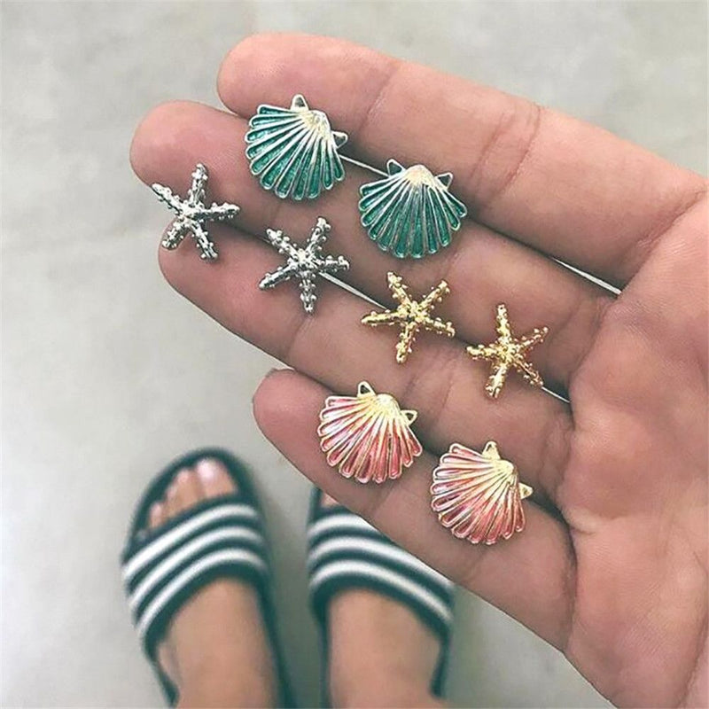 Women Jewelry Fashion Accessories 4 Pairs/Set Stud Earrings Shell Starfish
