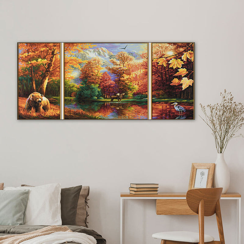 3 Panels Fall Forest Animals Oil Paint By Numbers Kits DIY Handpainted on Canvas
