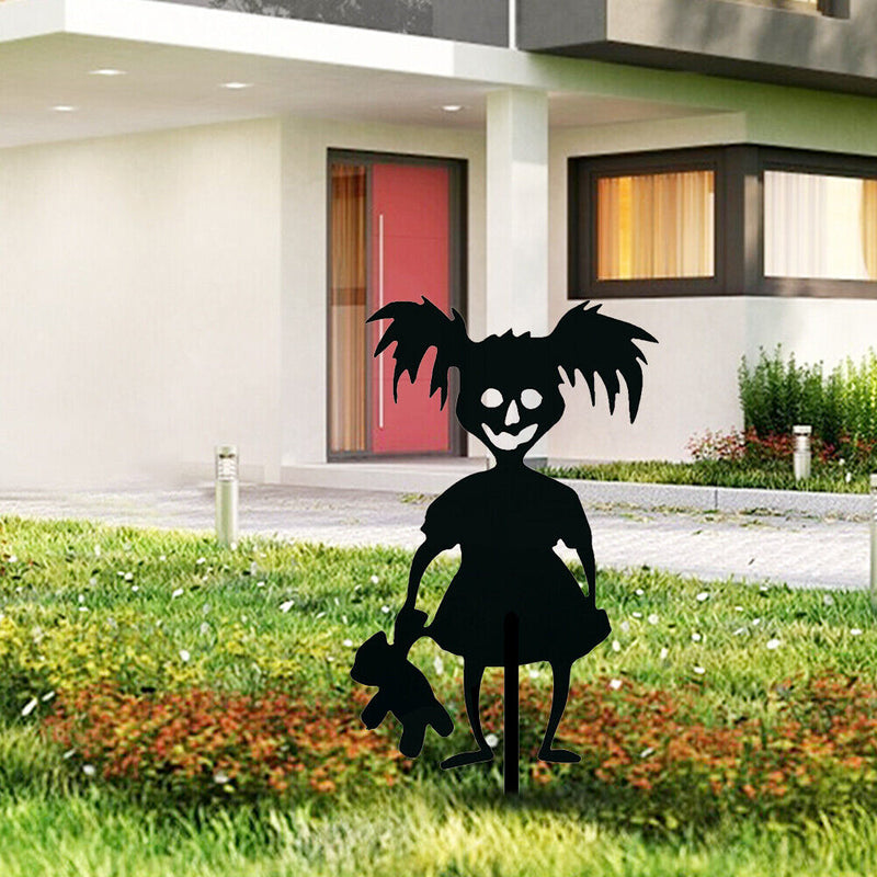 Evil Children Metal Silhouette Lawn Outdoor Plug-in Garden Sign Statue Decor