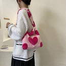 Retro Women Plush Leopard Shoulder Bag Autumn Winter Handbags (Red Heart)