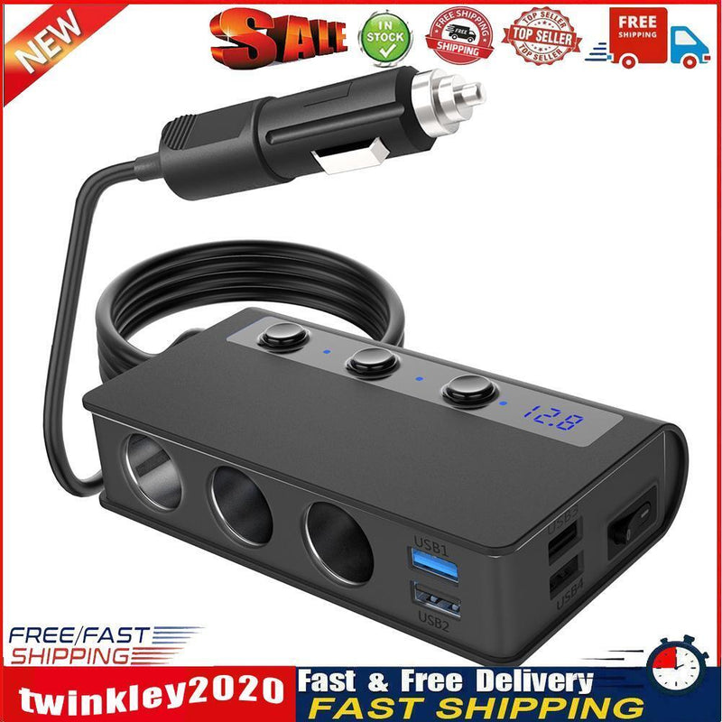 Cigarette Lighter 3 Socket 180W DC Power Adapter USB Car Charger (Black) Newly