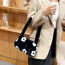 Fashion Women Plush Flower Print Shoulder Bag Casual Small Purse (Black)
