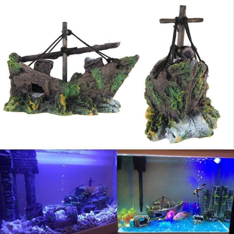 Aquarium Ornament   Sailing Boat Sunk Ship Destroyer Fish Tank Cave Decor Newly