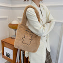 Cute Little Bear Print Large Handbag Women Autumn Winter Soft Plush Shopping Bag