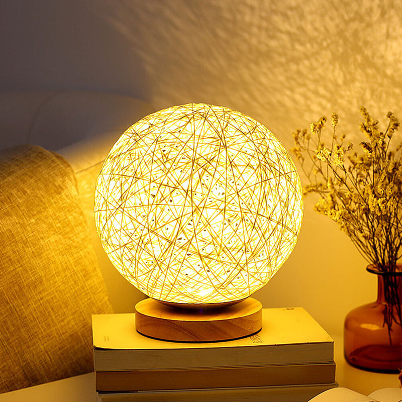 15cm LED Rattan Ball Wood Night Light Wooden Table Lamp Home Bedroom Decor Gift