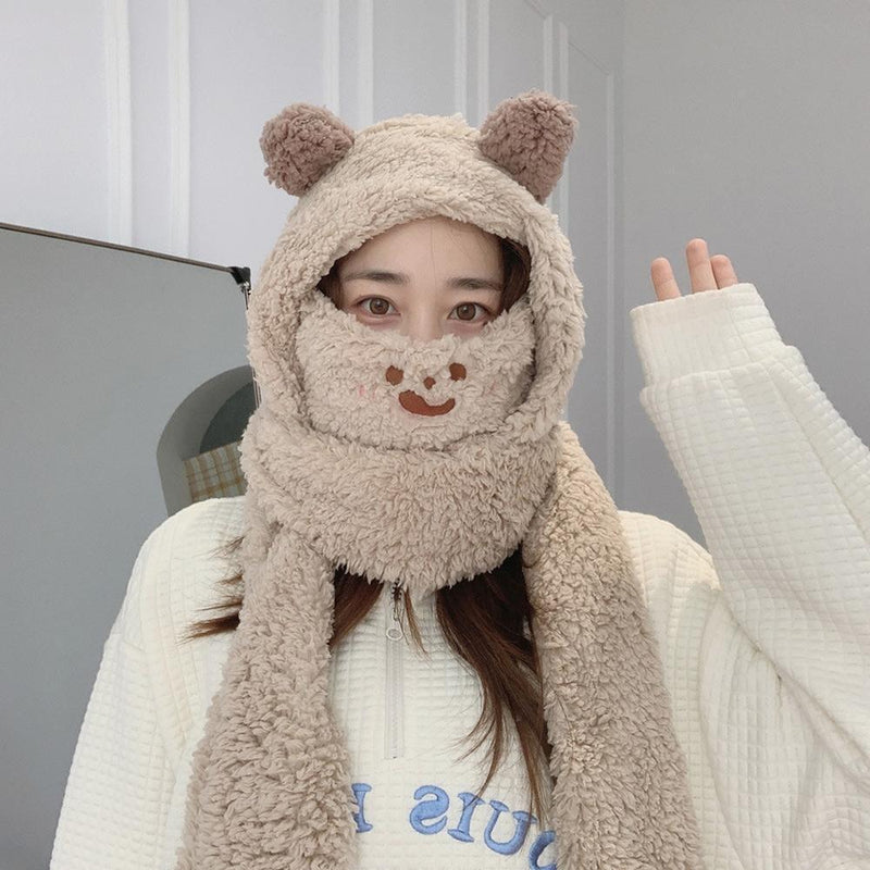 Winter Warm Windproof Beanies Caps Bear Ear Hat Hat Scarf Set Earflap Earmuff