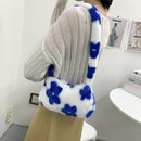 Retro Women Flower Print Shoulder Underarm Bag Winter Plush Purse (Blue)