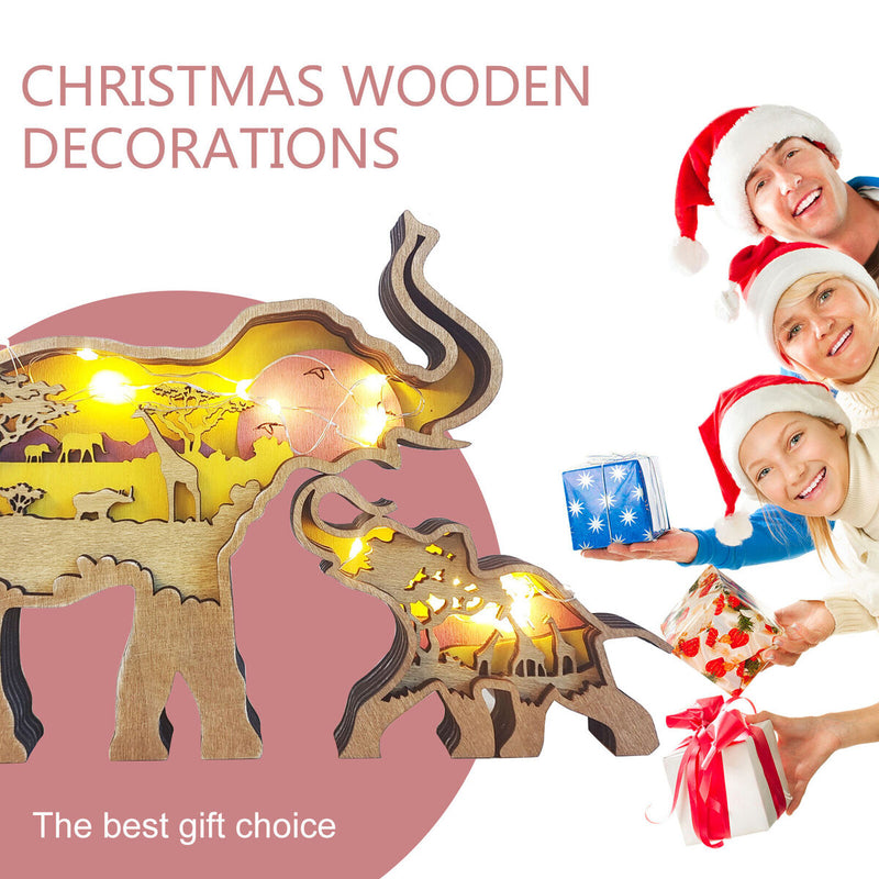 Wooden Ornament 2pcs Carved Hollow Multi-Layer Elephant Decor (A w/ Light) Newly