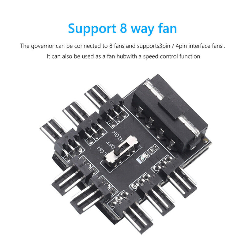 1 to 8 Computer Chassis Fan Hub Cooling Speed Controller 12V Power Supply Cooler