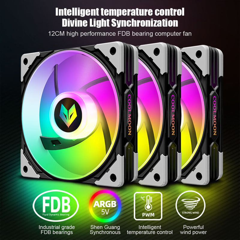 COOLMOON CPU Cooler 3 Pin ARGB FDB Bearing PWM PC Quiet Cooling Fan (Black)