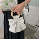 Sweet Bow Tie Mini Crossbody Bag Women Leather Wooden Handle Bucket Handbags