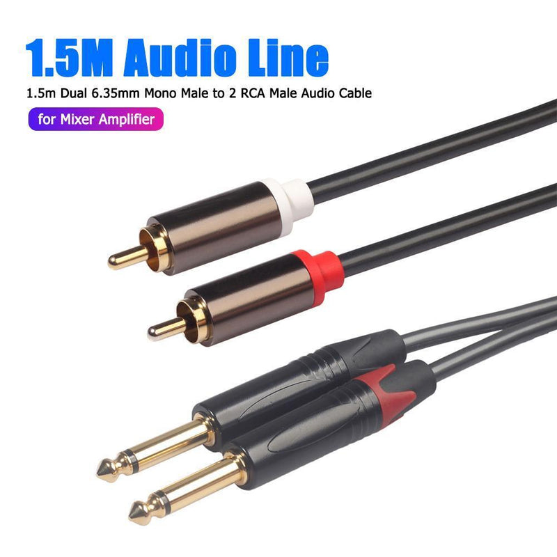 1.5m Dual 6.35mm Mono Male to Dual RCA Male Adapter Cable for Mixer Amplifier
