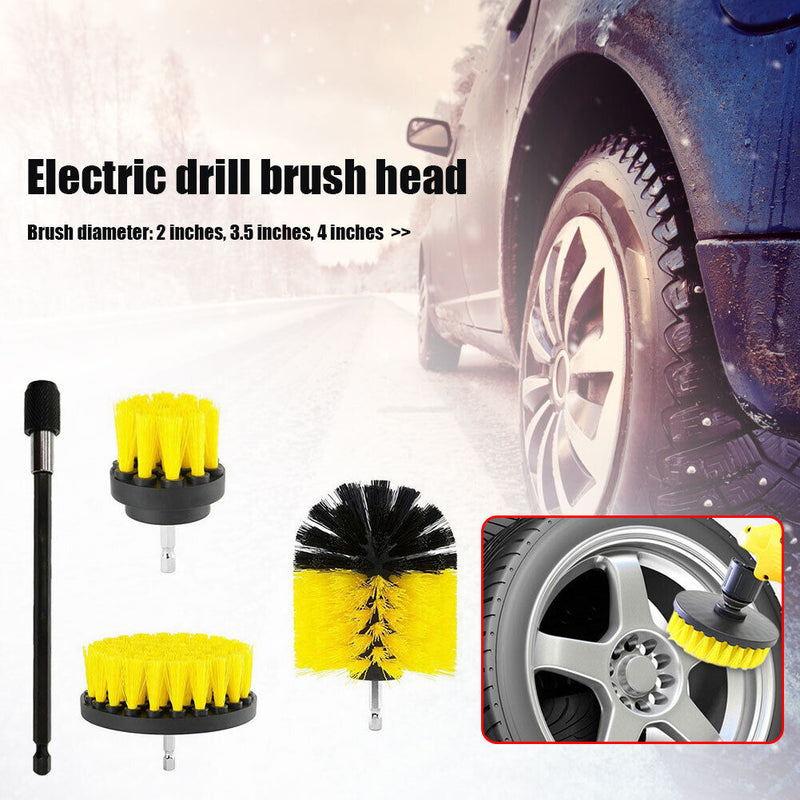 Drill Brush Attachment Set 2 3.5 4 inch Brushes + Extension Rod Kit Yellow Newly
