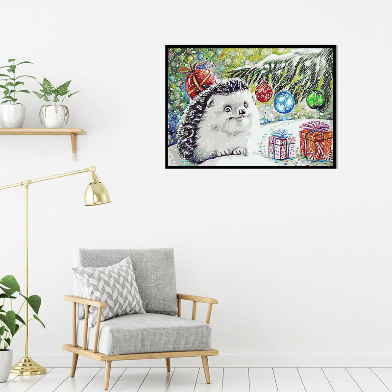 Frameless Hand Painted Picture DIY Snowing Hedgehog Painting By Numbers Craft