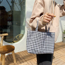 Women Portable Cloth Shopping Handbag Tote Plaid Food Picnic Bags (Black)