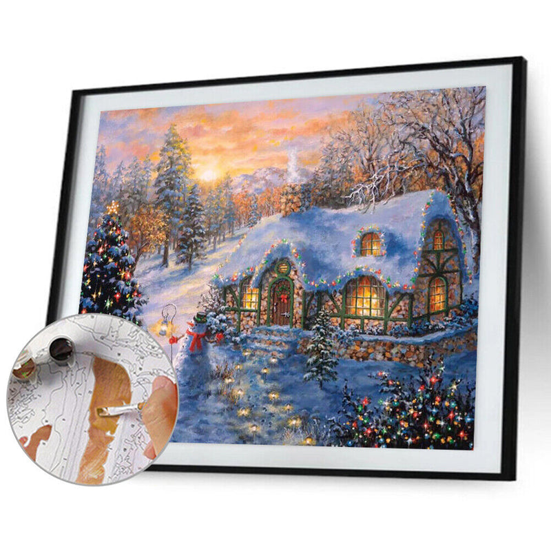 Frameless Oil Paint By Numbers DIY Christmas House Picture Craft Kit for Home