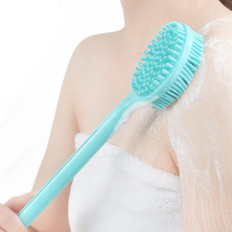 Silicone Double Side Bath Body Brush Long Handle Back Rub Massage Shower Cleaner