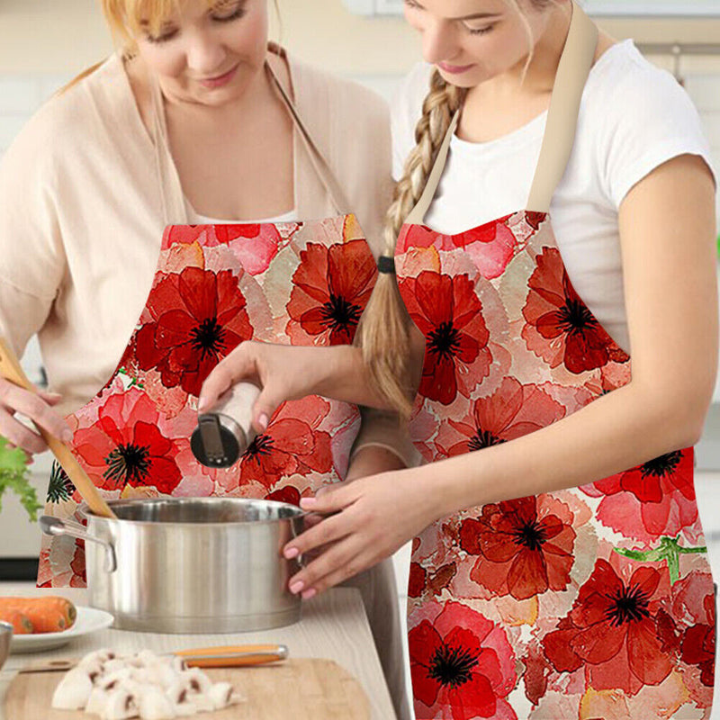 Red Flower Print Apron Linen Waterproof Bibs Kitchen Pinafore (82x68cm)