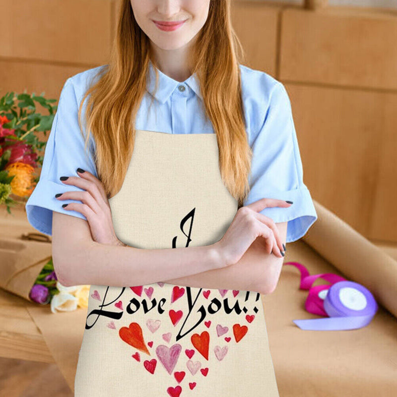 I Love You Printed Linen Apron Waterproof Kitchen Cooking Bibs (82x68cm)