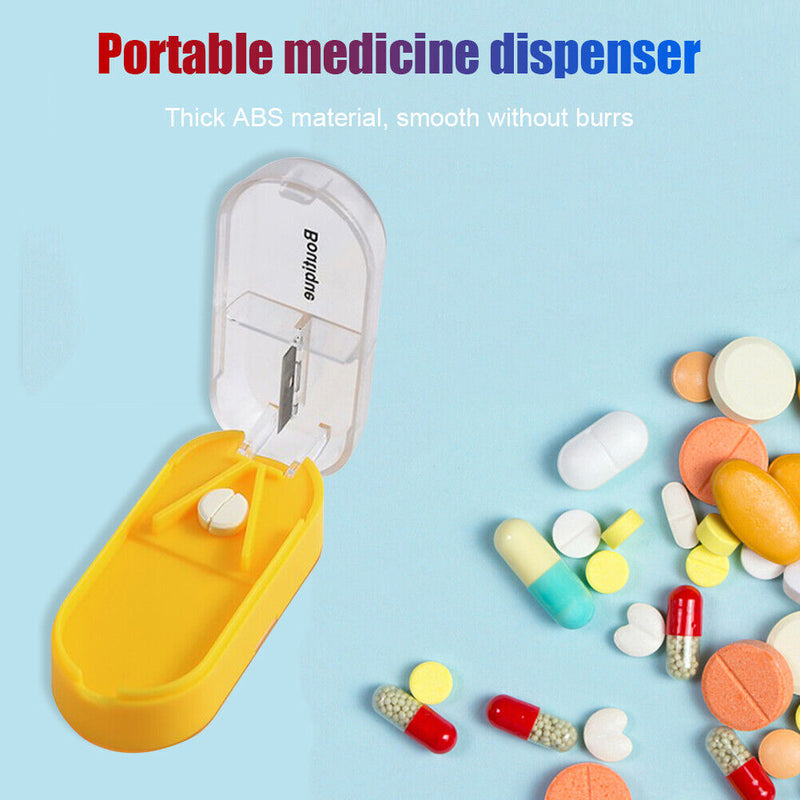 Portable Rectangular Tablet Cutter Box Pill Dispenser Storage Case (Yellow)