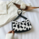 Women Plush Shoulder Underarm Bag Cow Print Fashion Winter Handbag Tote (1)