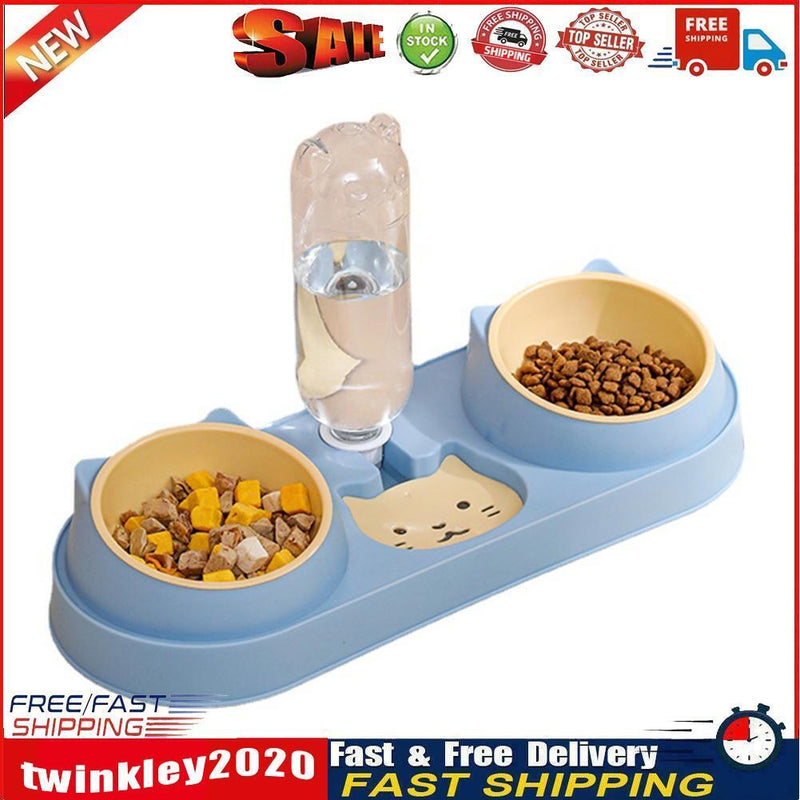 Cats Dogs Double Bowl Auto Feeder Water Dispenser Food Container (Blue) Newly