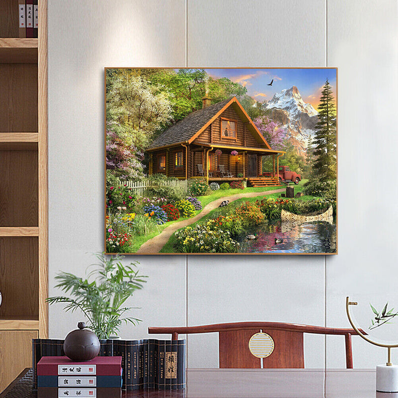 Hand Painted on Canvas DIY Lodge in Forest Oil Paint By Numbers Drawing Kit Gift