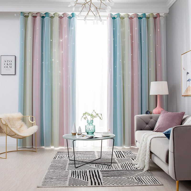 Gradient Hollow Star Curtain Bedroom Full Blackout Window Drapes (Purple)