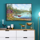 5D Round DIY Full Kit Wood House by Lake Drawing Diamond Drill Painting Art