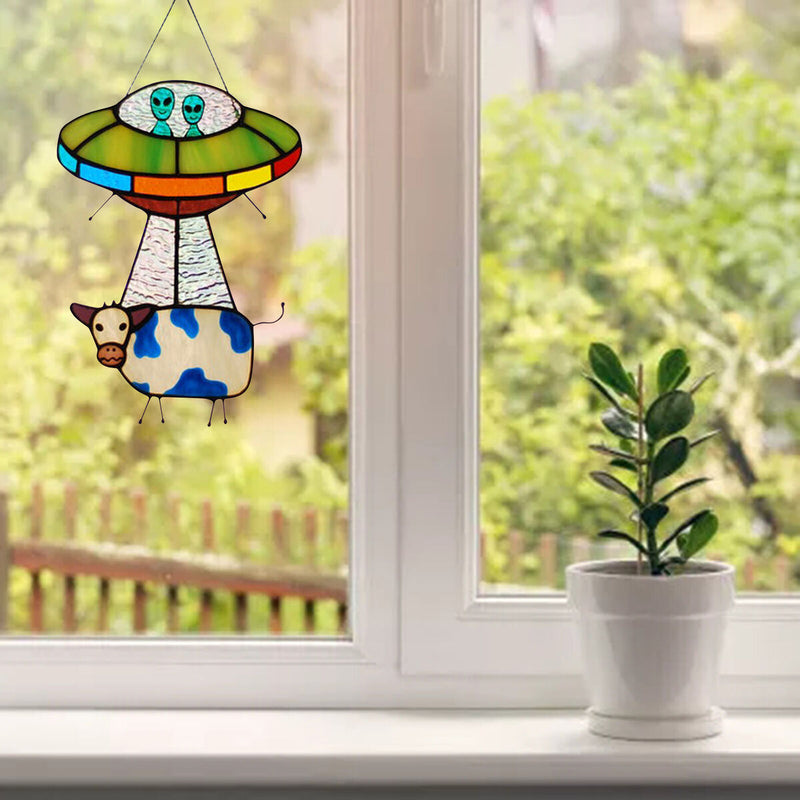 UFO Alien Cow Sign, Window Hanging Suncatcher, Cute Ornaments for Kids Bedroom