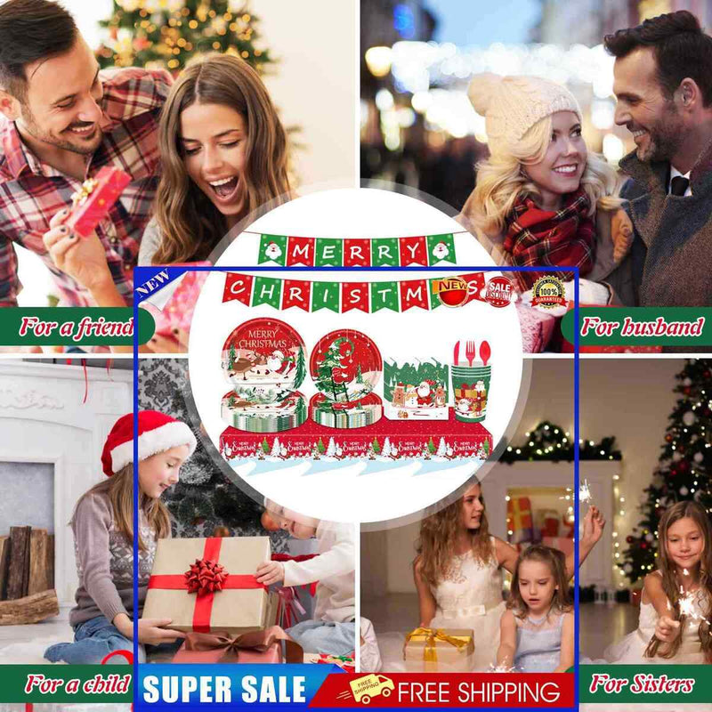 9pcs/set Xmas Party Tableware Waterproof Xmas Paper Cups Plates Festive Supplies