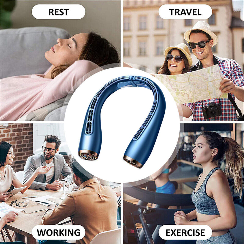 #A Portable Hanging Neck Fan Mute Cooler Twin Turbo Bladeless USB Rechargeable