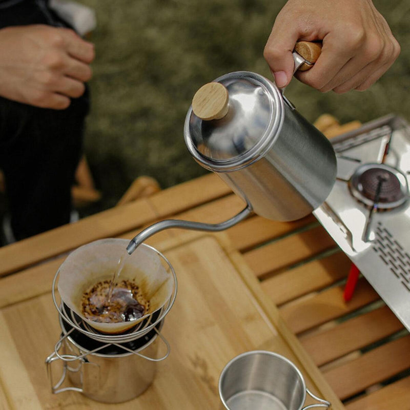 Drip Coffee Kettle Steel Long Mouth 650ml Wood Handle Camping G3 N8V3