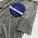Women Summer Star Pattern Sequins Round Collar Tops Fashion Party Casual Tees